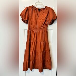 Kate & Lily Rust Color Boho Tiered Midi Dress with Puff Sleeves Size 6